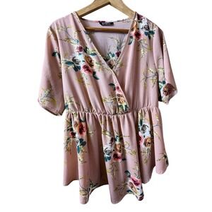 Bloomchic Rogue Pink Floral Wrap Peplum Top Short Sleeve Plus Size 14 Curvy